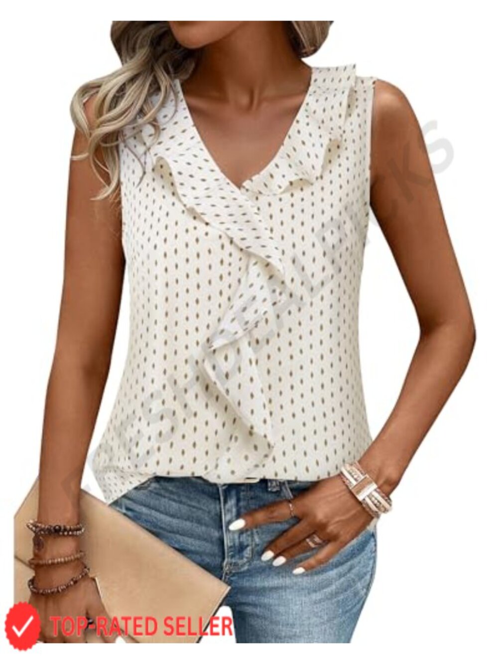 Womens Sleeveless Ruffle V-Neck Business Casual Tank Top Office Work Blouse